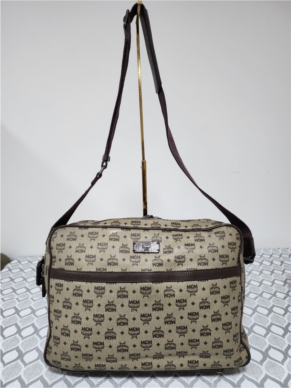 MCM Visetos Monogram PVC Canvas Leather Messenger/Crossbody Bag Beige/Brown